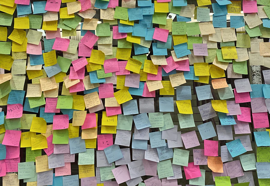 A planning wall covered in sticky notes