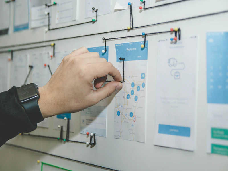 A hand pinning app wireframes to a planning wall